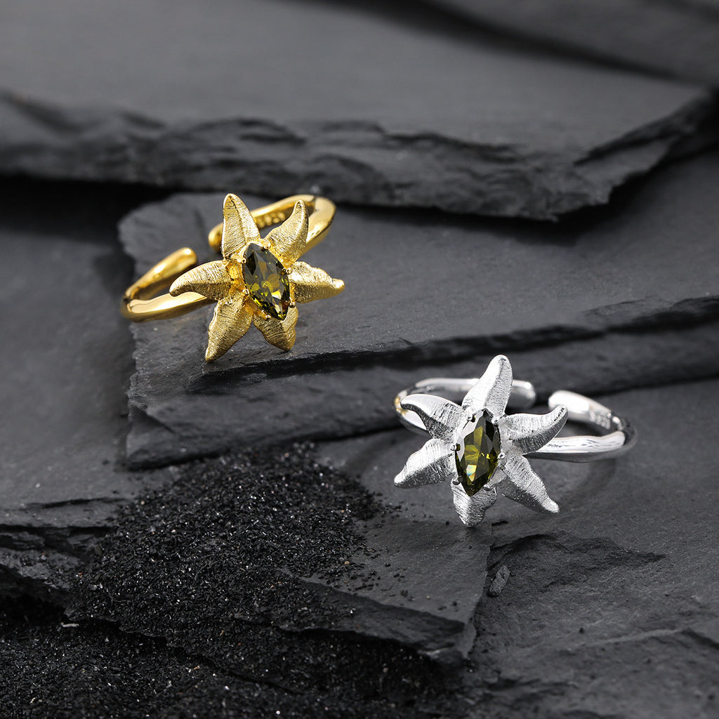 Minimalist Style Unique Starfish Design Peridot Embedded 925 Sterling Silver 18K Gold Plated Open Adjustable Ring