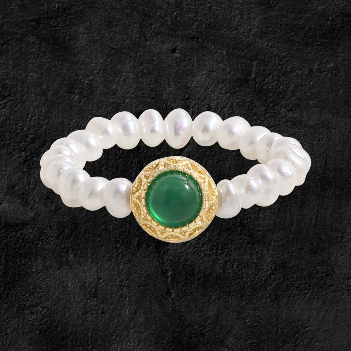 Women Elegant Round Green CZ Natural Pearls 925 Sterling Silver Ring