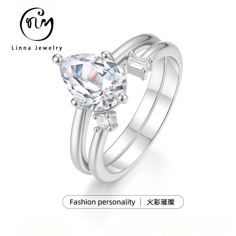 Pear Shape Moissanite Stack Ring Set S925 Sterling Silver Double Band Ring With Round And Baguette Accent Stones White Gold Tone Or Yellow Gold Elegant Fashion Jewelry For Women