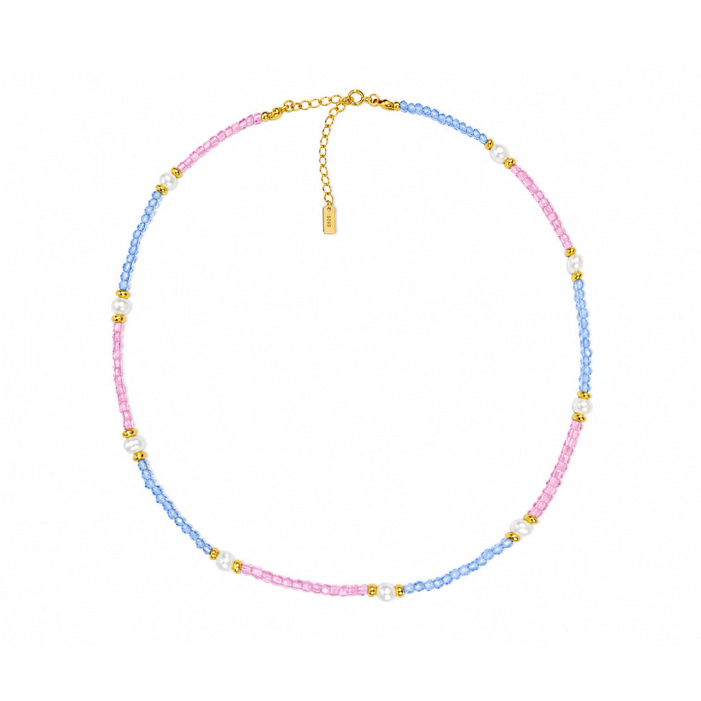 Pink Blue Cubic Zirconia Topaz Pearl Beaded Strand Hypoallergenic Fashion Jewellery Gift 925 Sterling Silver Necklace