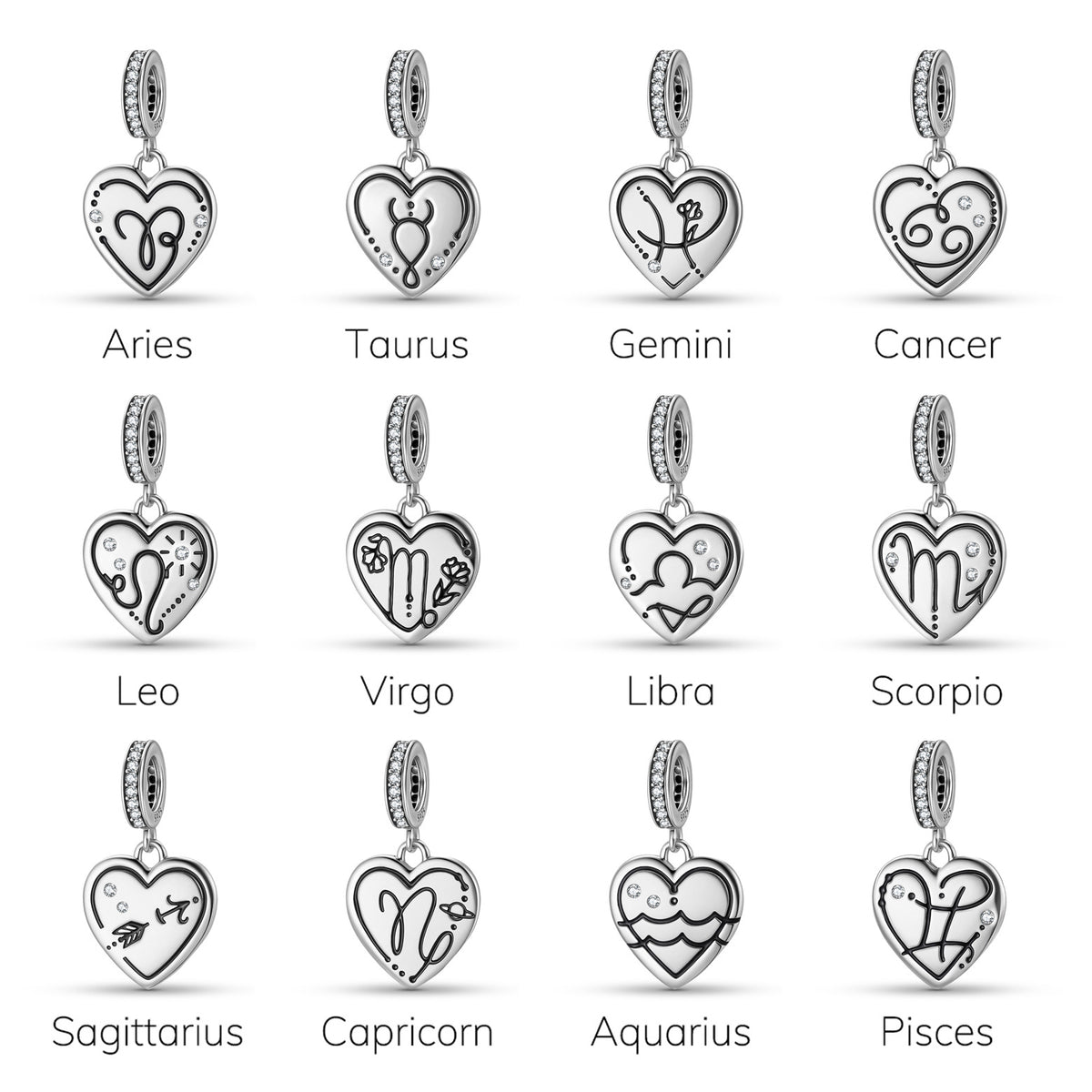 Heart Shaped 12 Zodiac Signs Zircon 925 Sterling Silver Bracelet Pendant