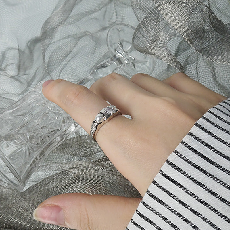 Minimalist Geometric Black Stone and Pearl Adjustable 925 Sterling Silver Ring