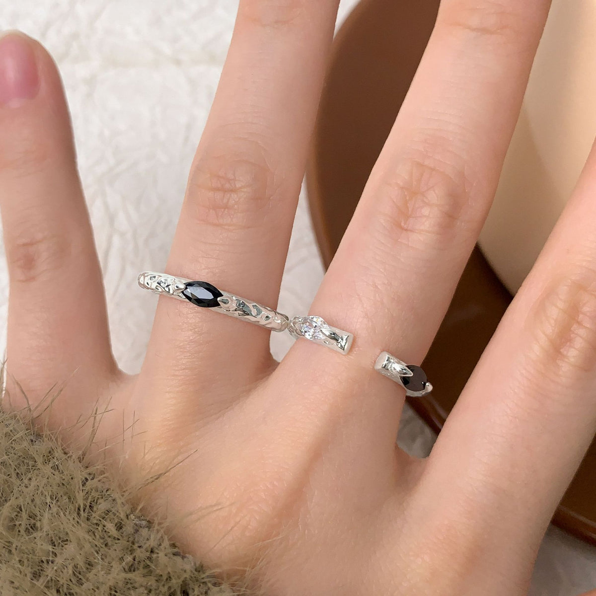 Simple Black CZ Irregular Drawing 925 Sterling Silver Adjustable Ring