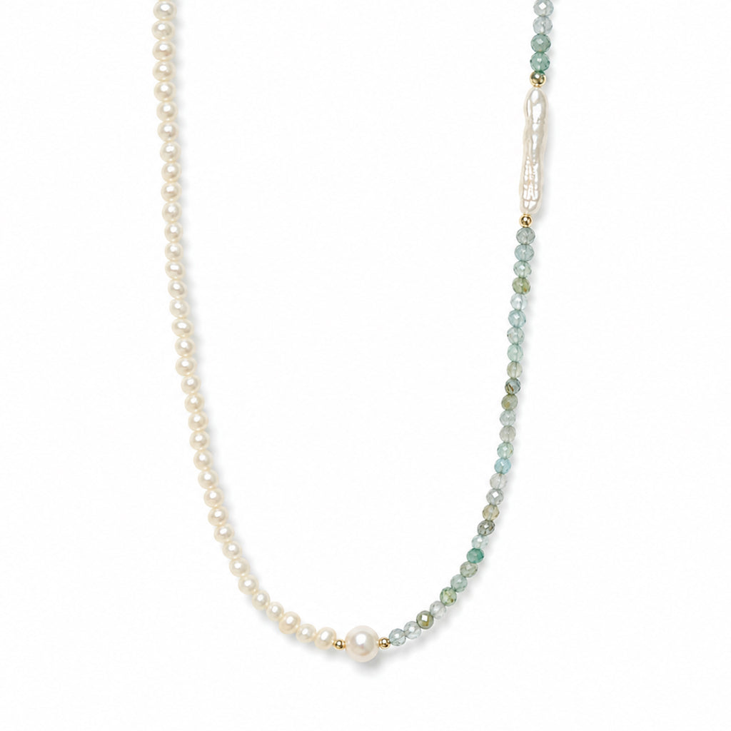 Minimalist Silver Freshwater Pearl Natural Apatite Beaded 925 Sterling Silver Necklace