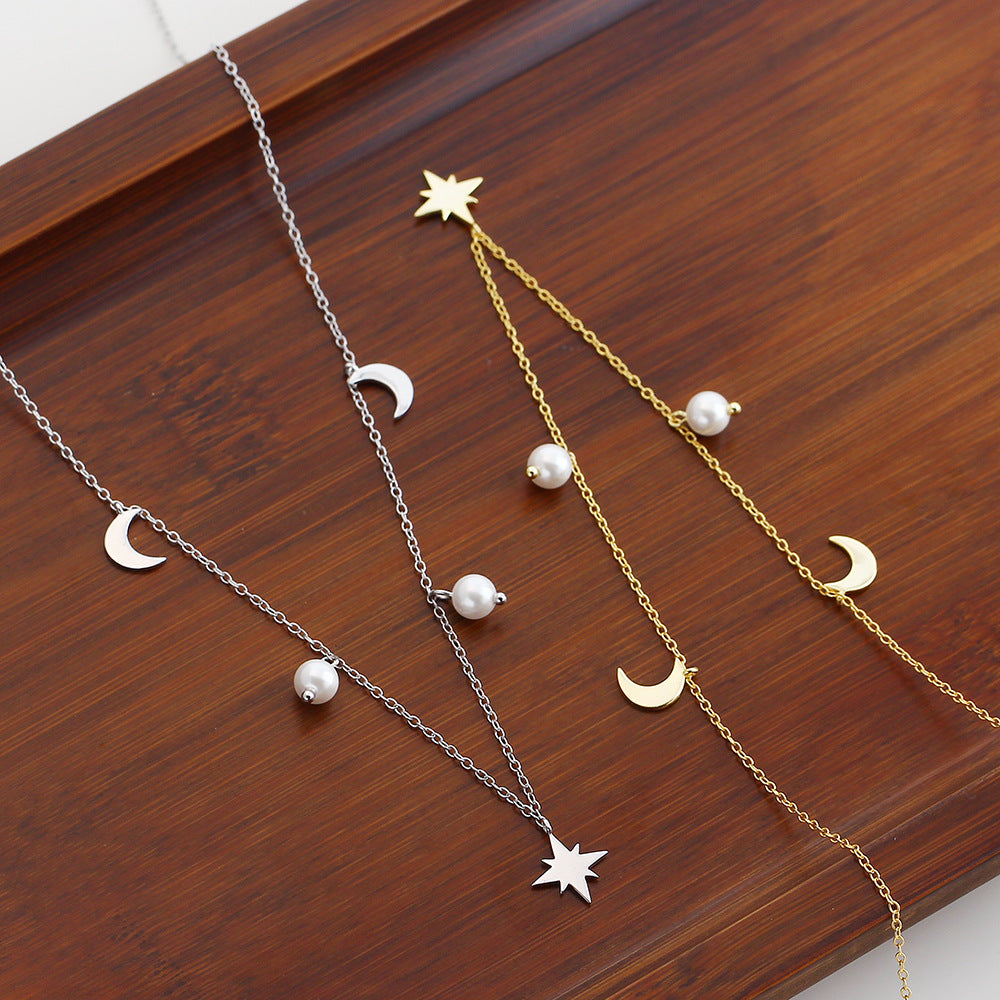 Cadena, Colgante en forma de O con perla, luna, media luna y anís estrellado en plata esterlina 925