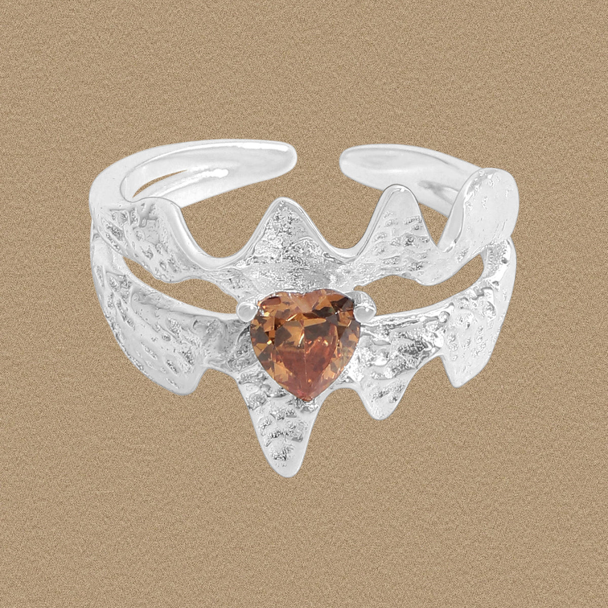 Fashion Double Layers Brown CZ Heart 925 Sterling Silver Wave Adjustable Ring