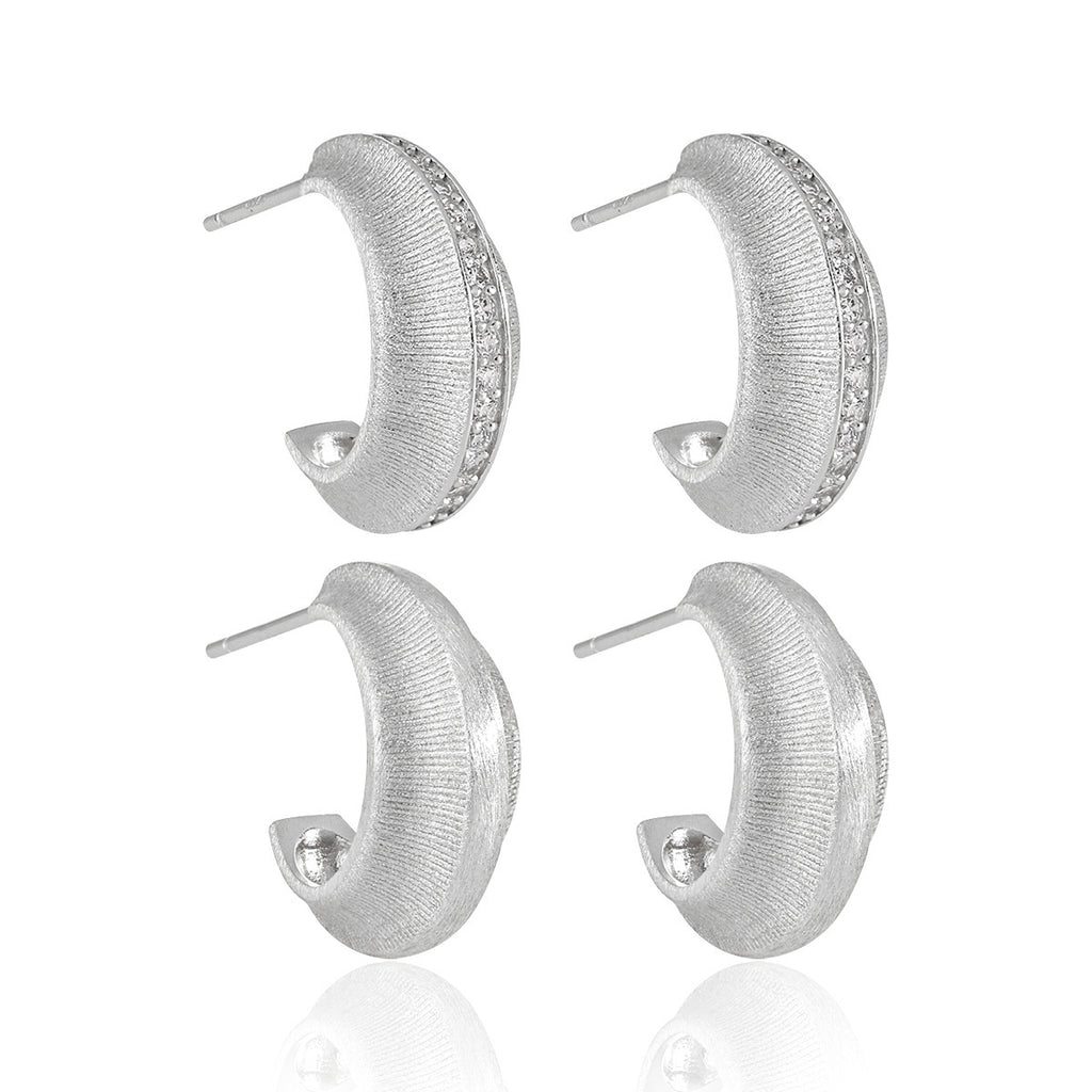 Modern Minimalist Matte Finish Geometric Cubic Zirconia in 925 Sterling Silver and 18K Gold Plated Hoop Earrings
