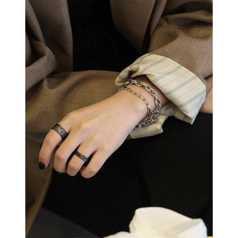 Pulsera ajustable de plata de ley S925 con eslabones geométricos vintage