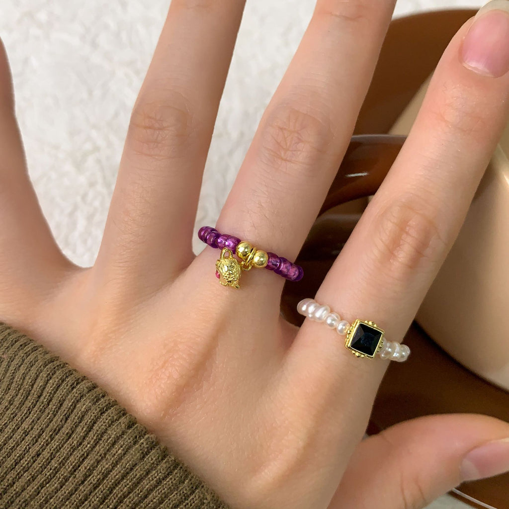 Women Elegant Black Square CZ Natural Pearls 925 Sterling Silver Ring