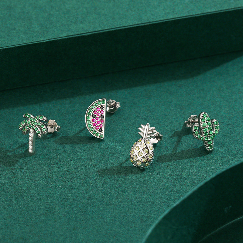 Pendientes, Arete individual de plata de ley 925 con circonia cúbica y diseño tropical de hoja de piña y palmera en forma de granada