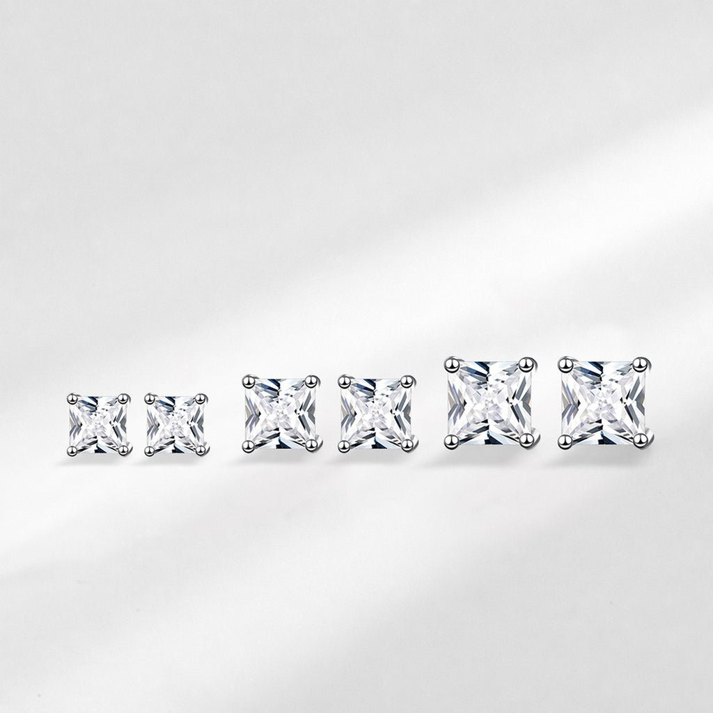 Princess Cut Cubic Zirconia Four Prong 925 Sterling Silver Stud Earrings Geometric White Gold Color Minimal Unisex Earrings