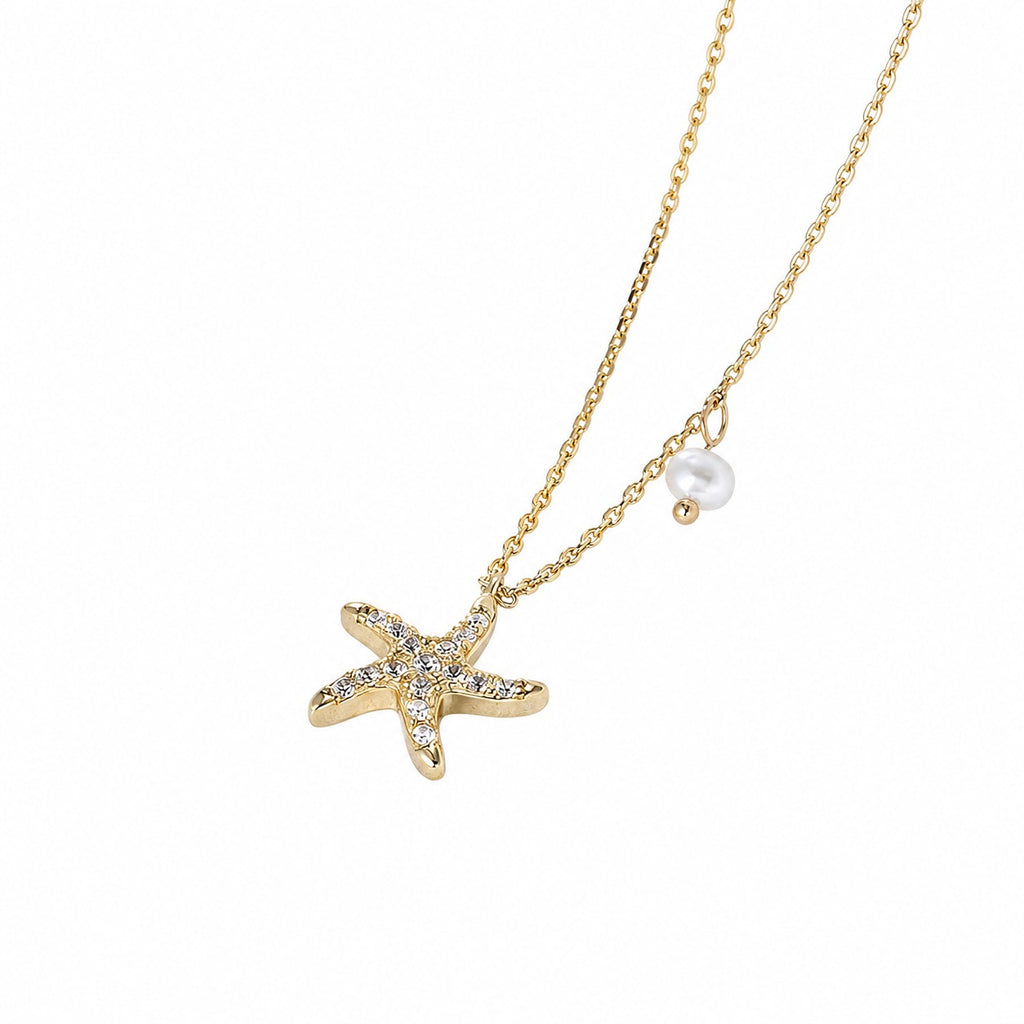 Starfish Pearl Cubic Zirconia 925 Sterling Silver Elegant Short Collar Chain Necklace