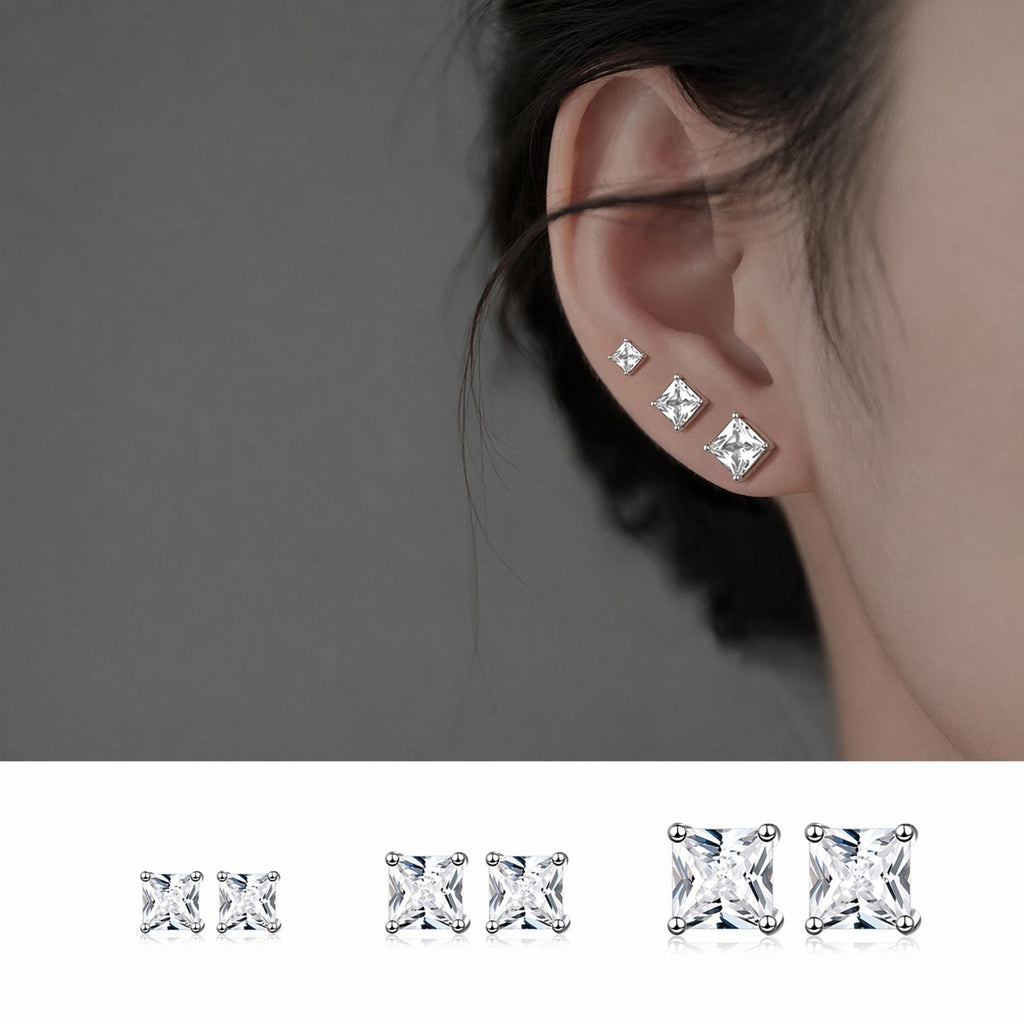 Princess Cut Cubic Zirconia Four Prong 925 Sterling Silver Stud Earrings Geometric White Gold Color Minimal Unisex Earrings