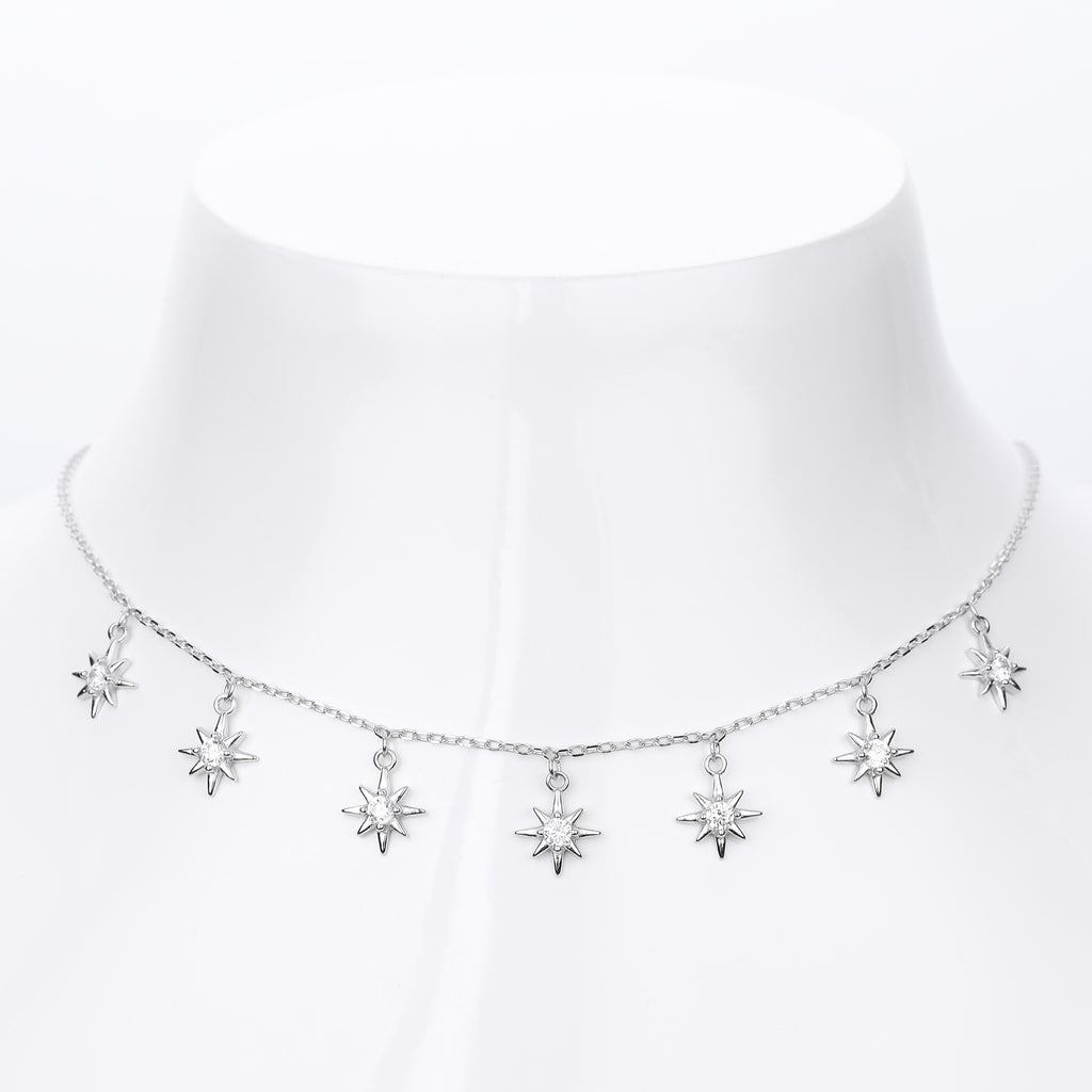 Elegant Women Adjustable Chain Star Design Cubic Zirconia 925 Sterling Silver Necklace
