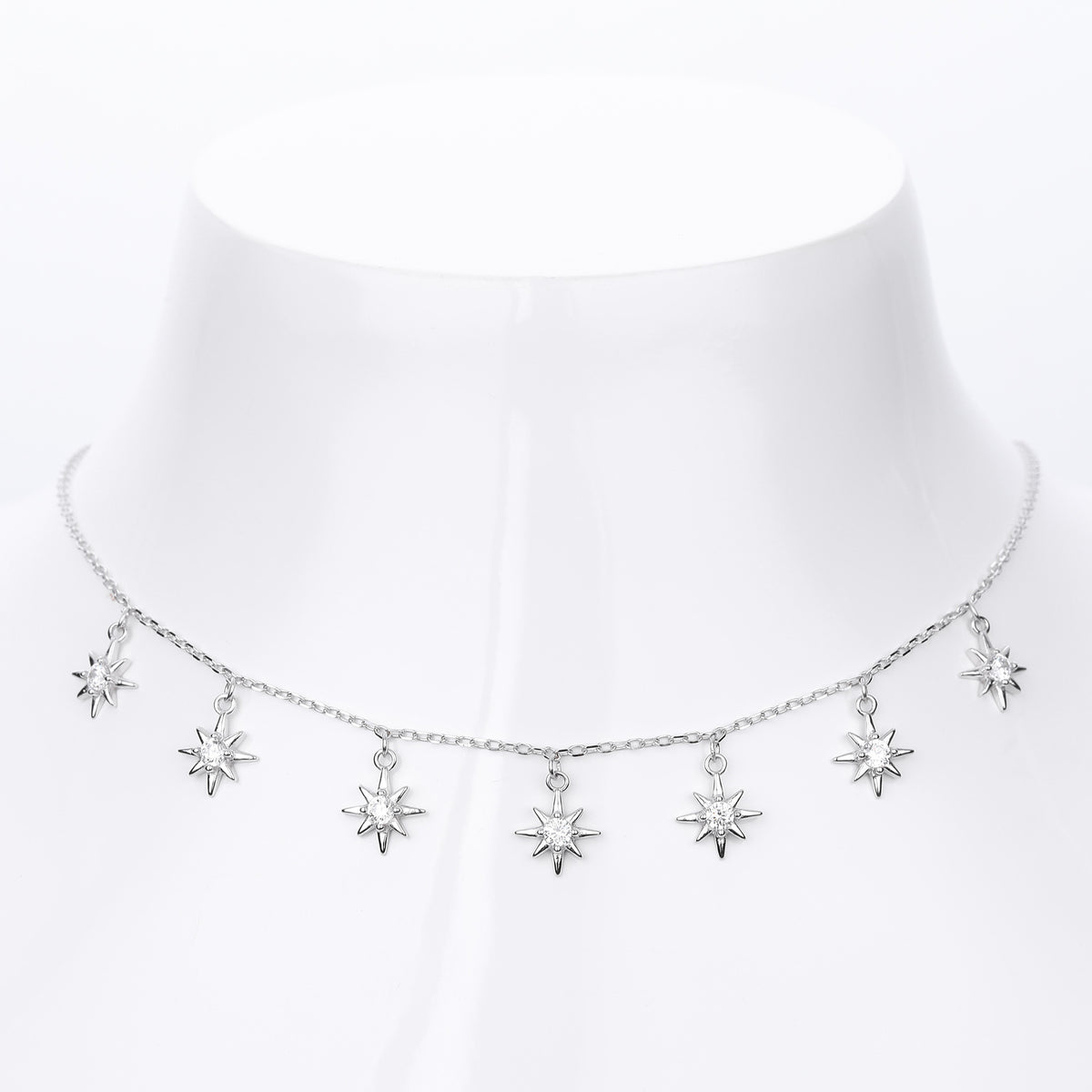 Elegant Women Adjustable Chain Star Design Cubic Zirconia 925 Sterling Silver Necklace