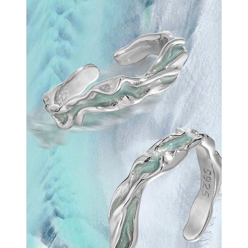 Anillo Ajustable Abierto de Plata Esterlina S925 con Epoxi Verde Agua y Textura Ondulada Irregular