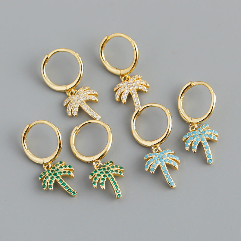 Summer Tropical Palm Tree-shaped Cubic Zirconia S925 Silver Hoop Earrings