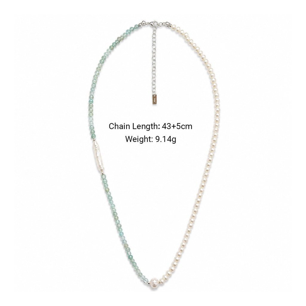 Minimalist Silver Freshwater Pearl Natural Apatite Beaded 925 Sterling Silver Necklace