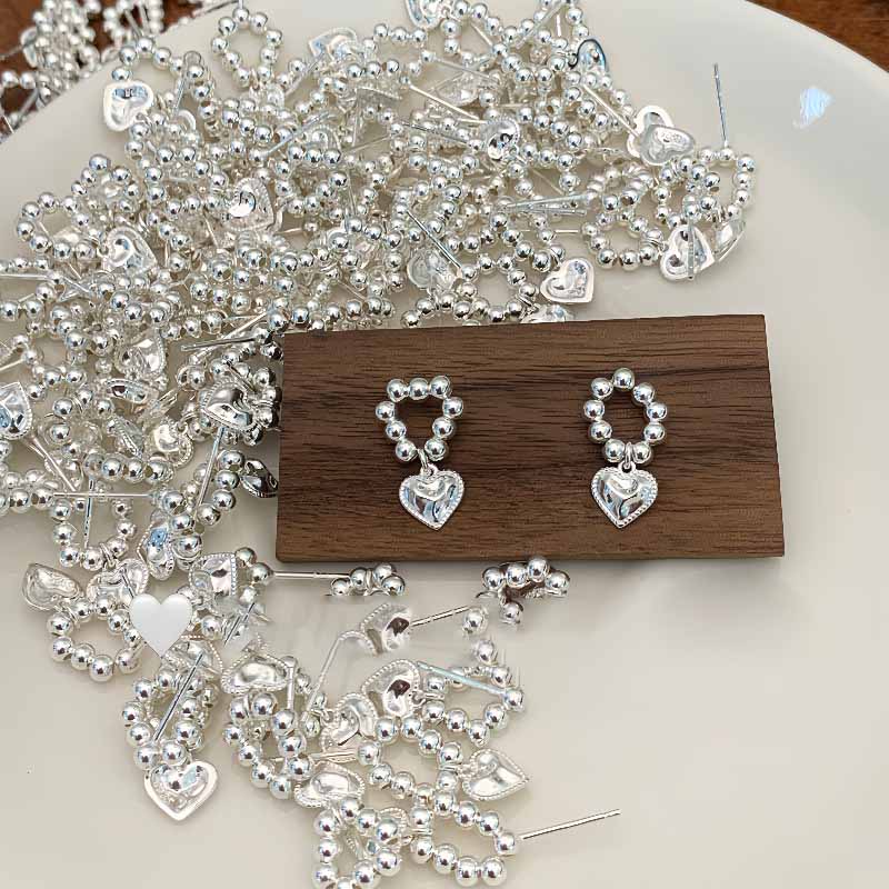 Anniversary Girl Heart Beads 925 Sterling Silver Dangling Earrings