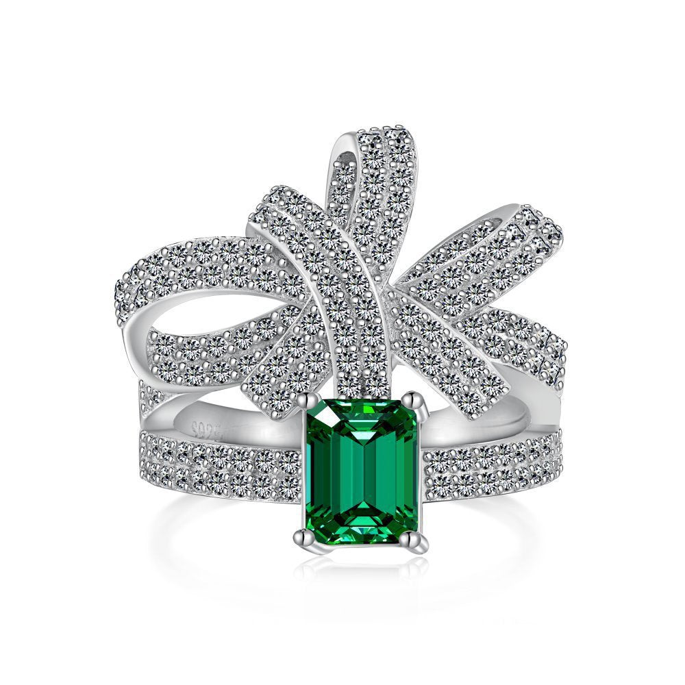 Women Elegant Baguette Green CZ Bow-knot 925 Sterling Silver Necklace Ring Stud Earrings