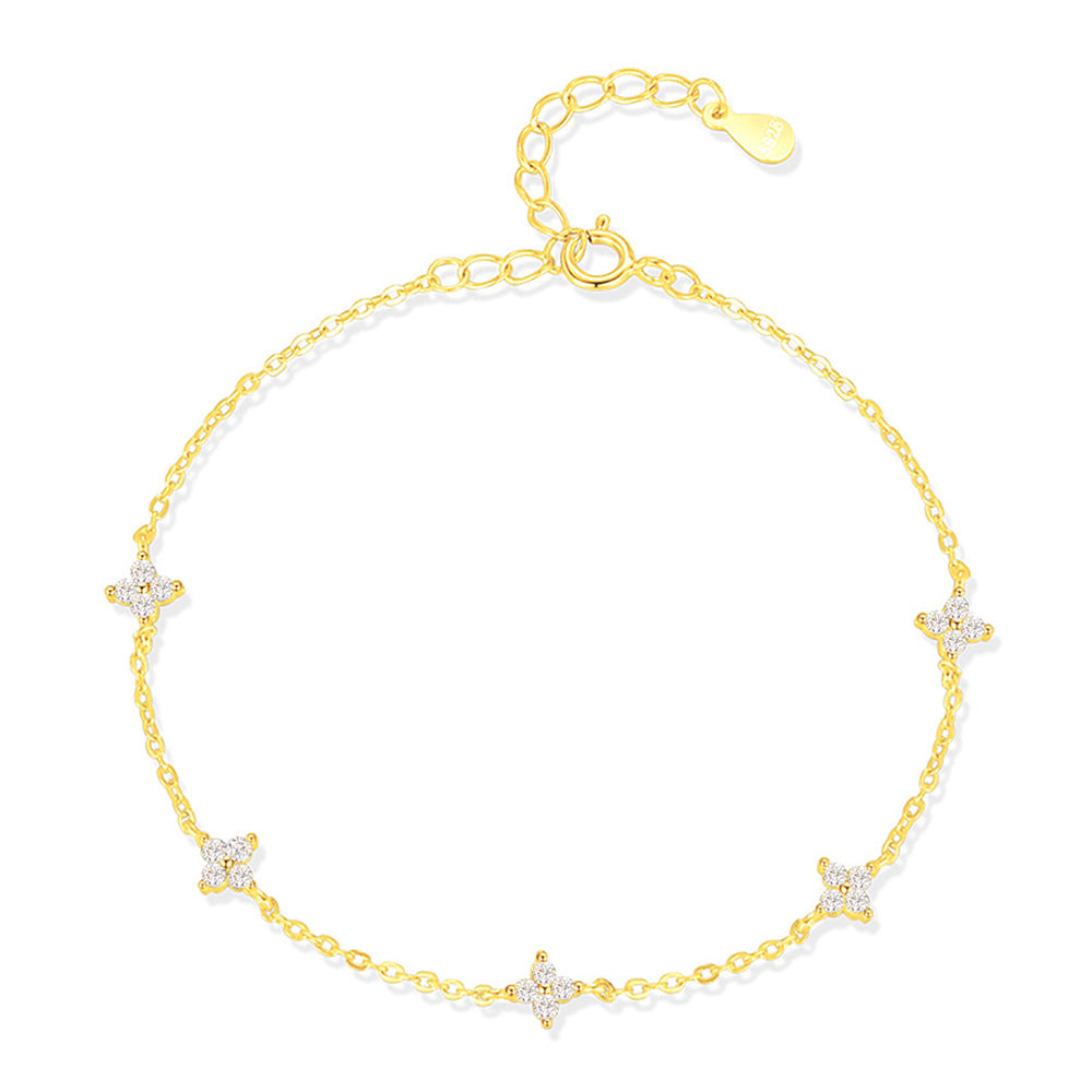 Pulsera de cadena con estaciones delicada de plata S925 con circonia cúbica y flor de cuatro pétalos