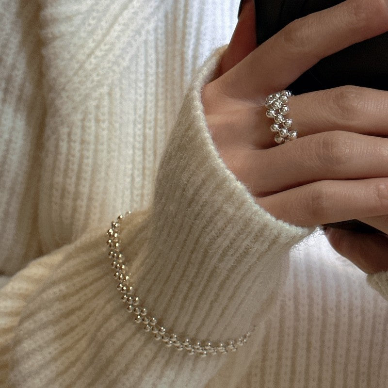 Modern Fashion Jewelry Geometric Beaded Design Adjustable 925 Sterling Silver Ring