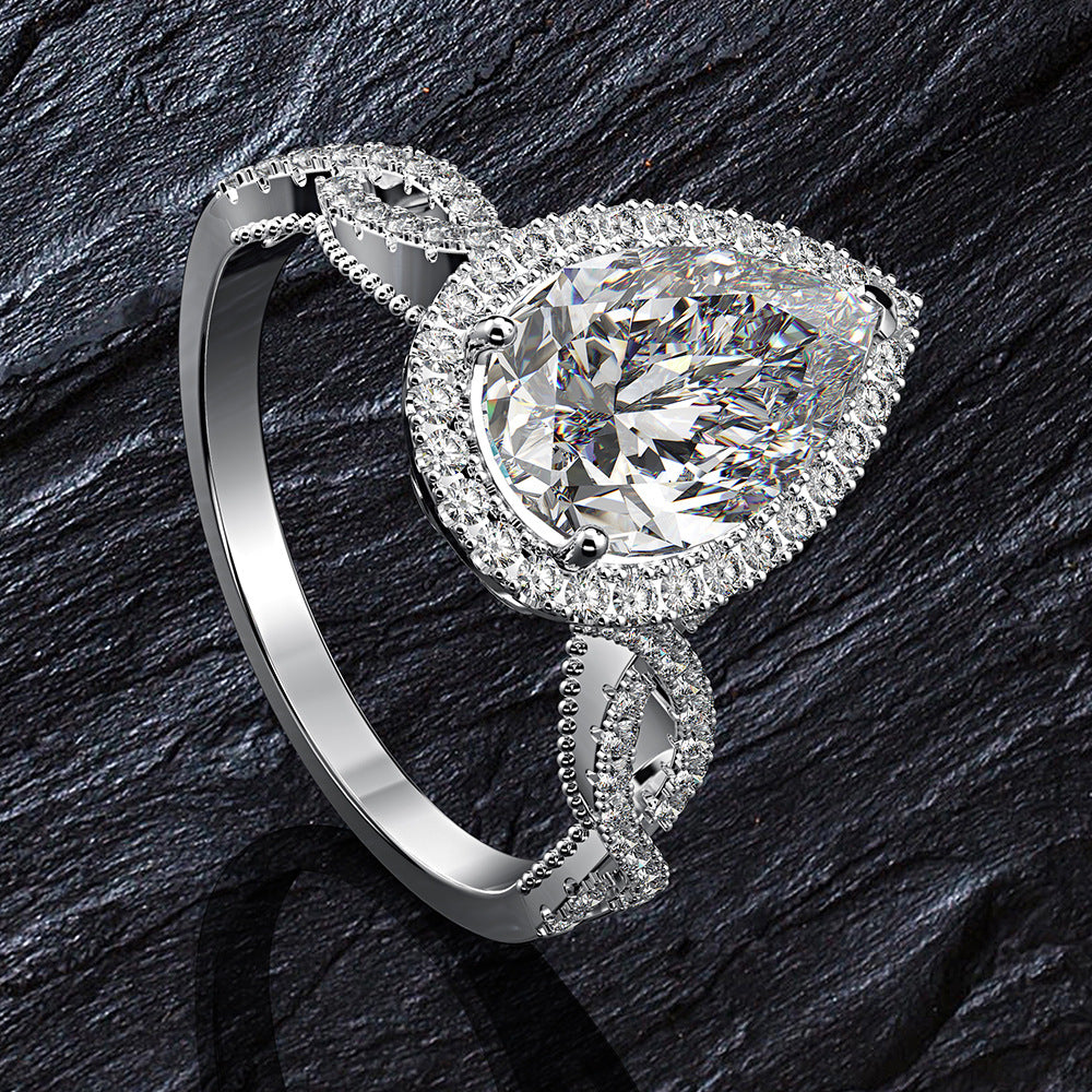 Anillo de halo con forma de lágrima de diamante blanco, banda bifurcada y piedras laterales de talla marquesa, anillo de boda de plata de ley 925, regalo de aniversario