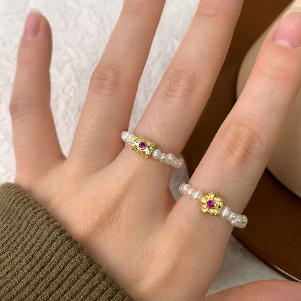 Women Elegant Pink CZ Irregular Tube Natural Pearls 925 Sterling Silver Ring