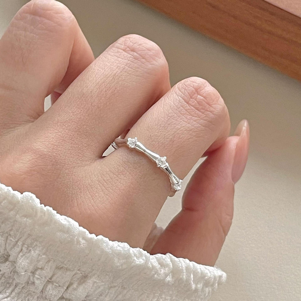 Simple Irregular CZ Camboo Joint 925 Sterling Silver Adjustable Ring