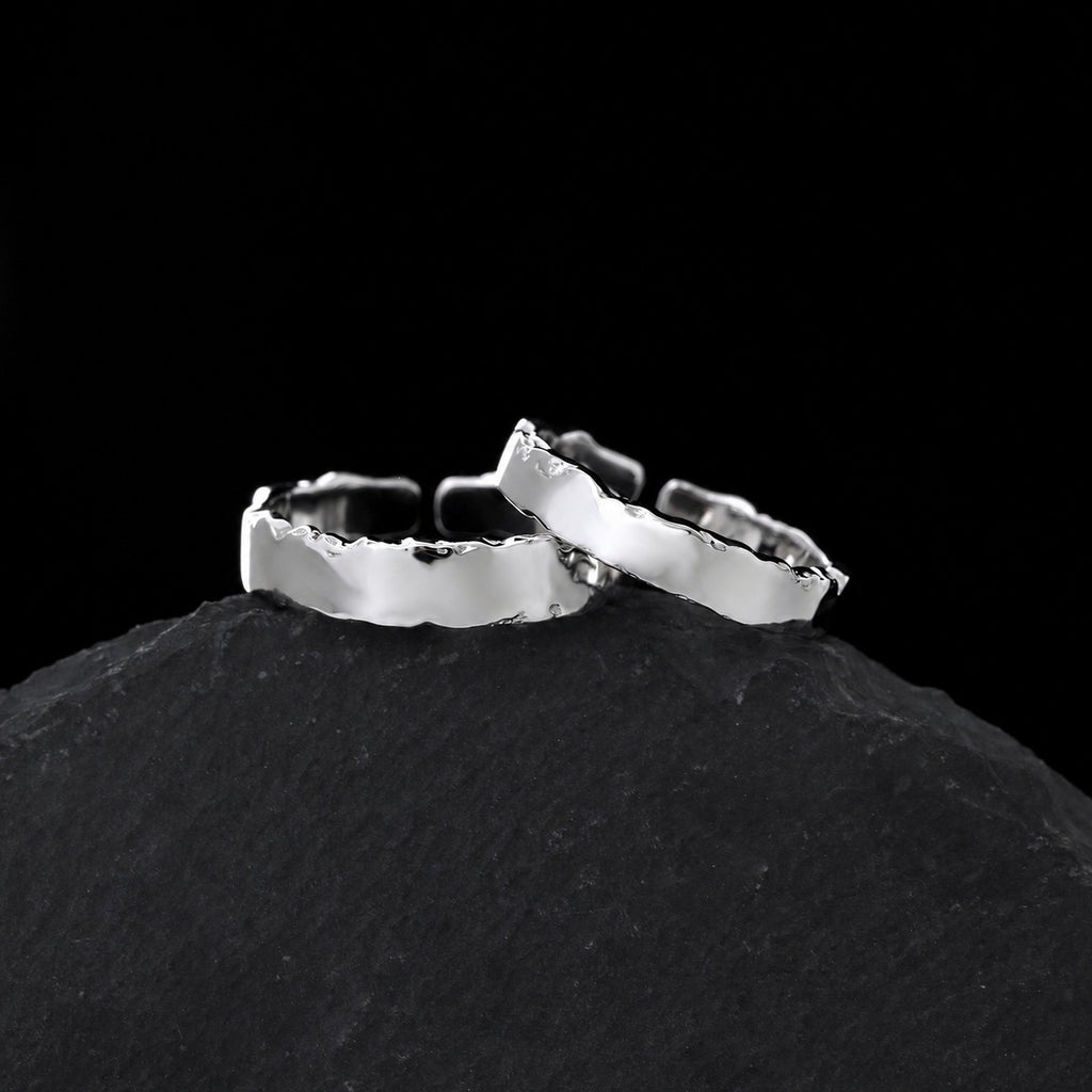 Pisces Chasing the Waves  S925 Sterling Silver Adjustable Couple's Ring Set with Black Enamel Openwork Rings