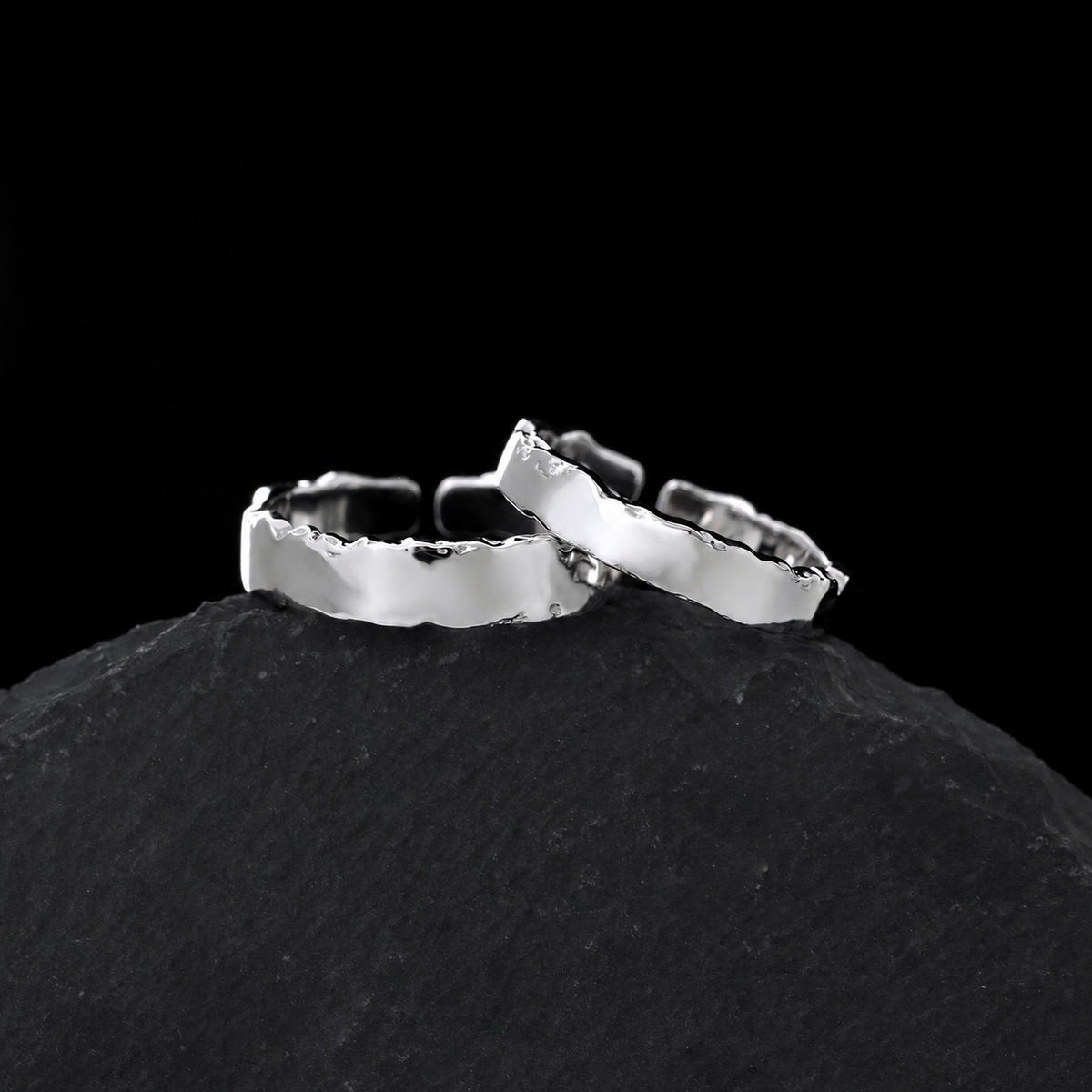 Pisces Chasing the Waves  S925 Sterling Silver Adjustable Couple's Ring Set with Black Enamel Openwork Rings