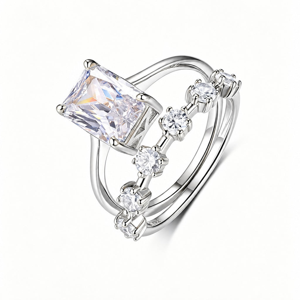 Rectangular Cut Moissanite Stacked-Style Set For Women 925 Sterling Silver Ring