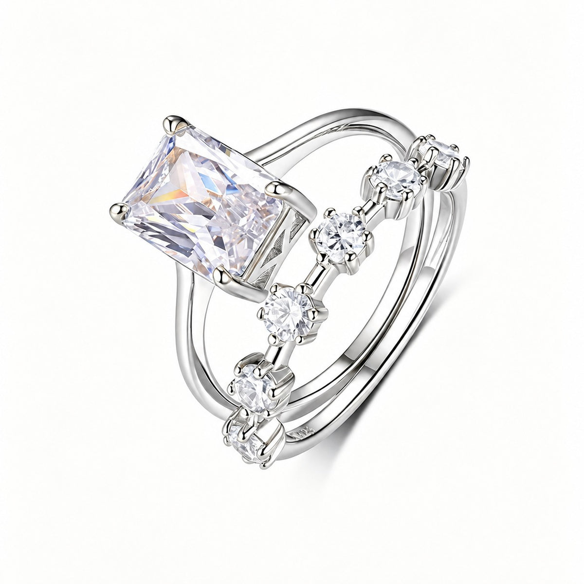 Rectangular Cut Moissanite Stacked-Style Set For Women 925 Sterling Silver Ring
