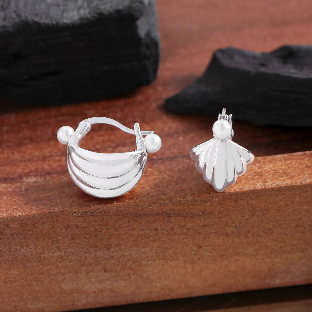 Girl Cute Shell Pearls Conch 925 Sterling Silver Hoop Earrings
