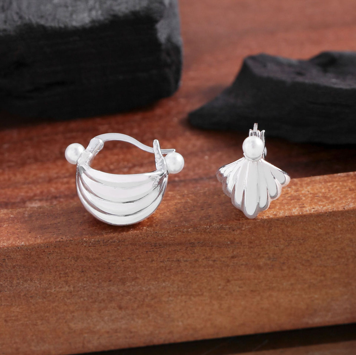 Girl Cute Shell Pearls Conch 925 Sterling Silver Hoop Earrings