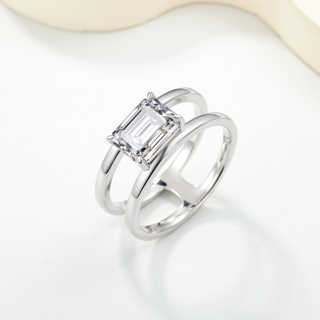Rectangular Moissanite Centre Stone with Double Band  925 Sterling Silver Ring