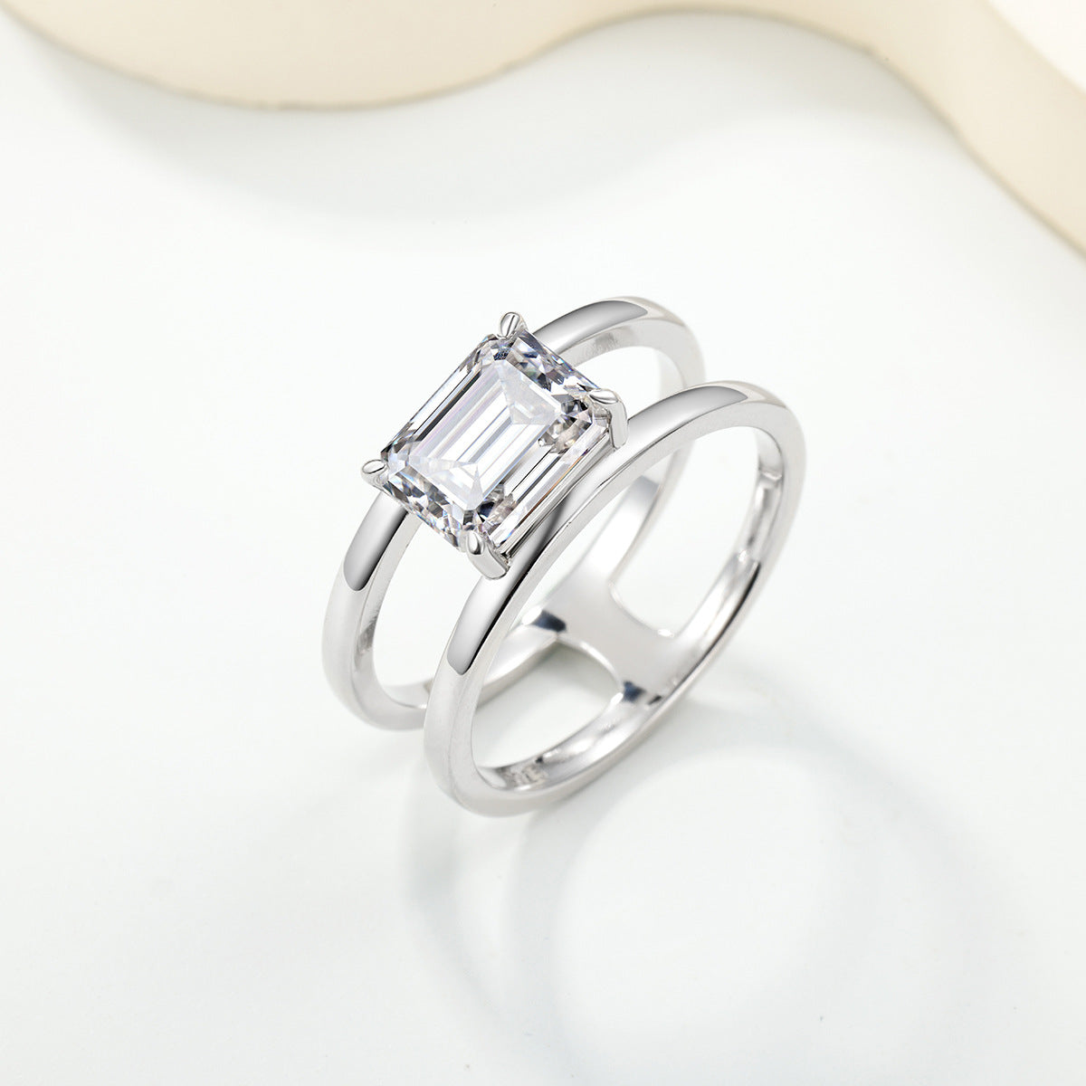 Rectangular Moissanite Centre Stone with Double Band  925 Sterling Silver Ring