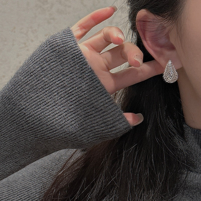 Geometric Water Drop Fashion Hollow Teardrop Mesh Lattice 925 Sterling Silver Stud Earrings