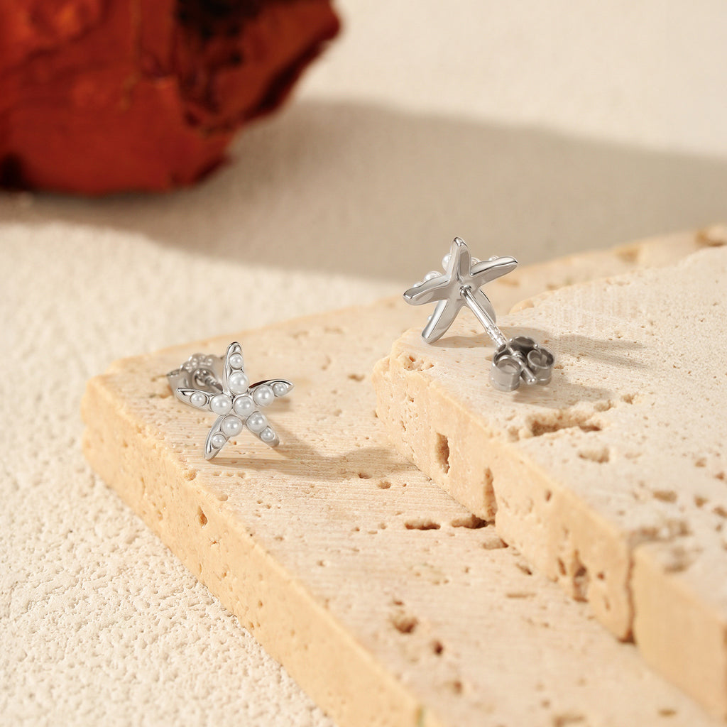 Pendientes de Plata Esterlina 925 con Estrella de Mar y Perla Delicada del Océano