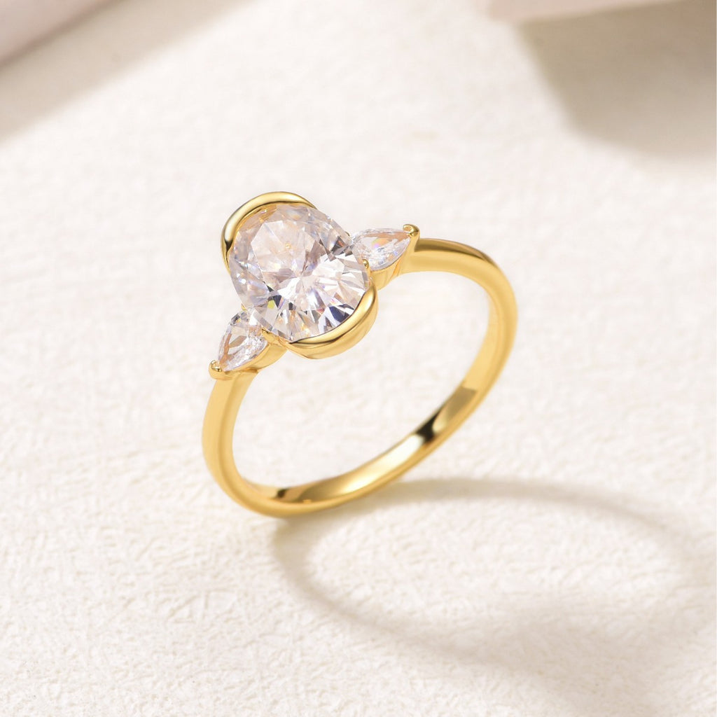Three Stone Design With Oval Center Stone And  Water Drop Side Stones Moissanite For Women 925 Sterling Silver Ring