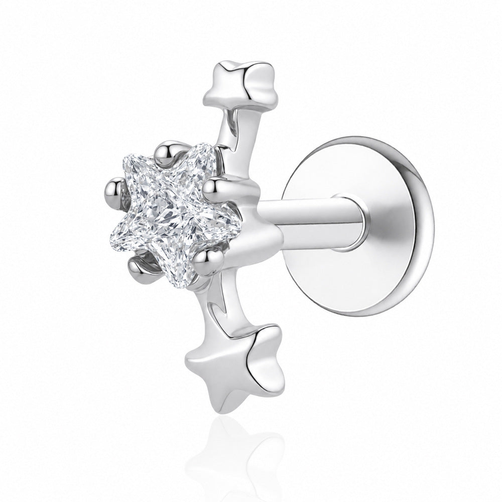 Star Cubic Zirconia 925 Sterling Silver Internal Thread Flat Back Ear Stud Cartilage Piercing Earring (Single)