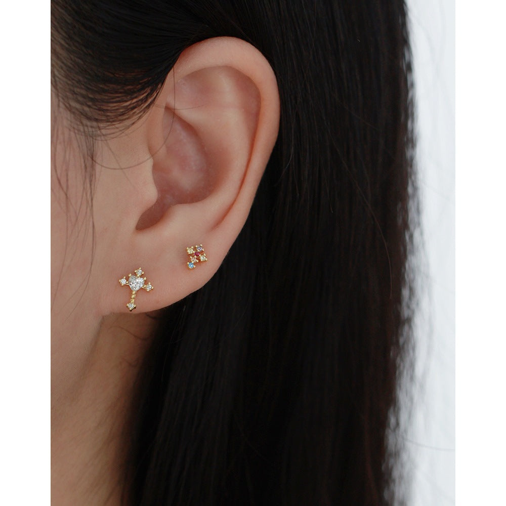 Pendientes de botón de plata de ley 925 con piedras de zirconia cúbica multicolor en forma de cruz