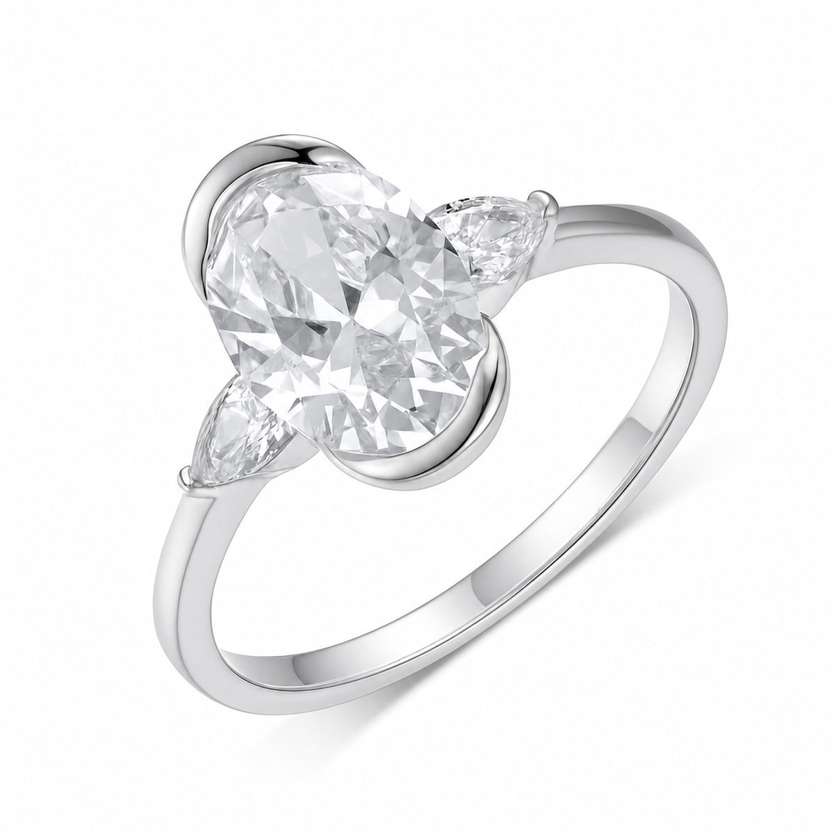 Three Stone Design With Oval Center Stone And  Water Drop Side Stones Moissanite For Women 925 Sterling Silver Ring