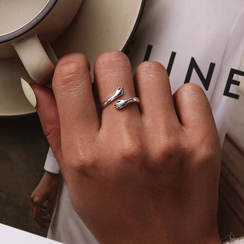 Hugging Hands Adjustable Open Ring 925 Sterling Silver Electroplated Fashion Couple Ring