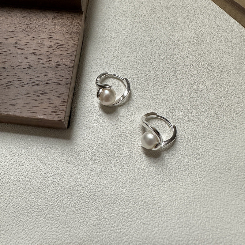 925 Sterling Silver Geometric Pearl Twisted Hoop Earrings