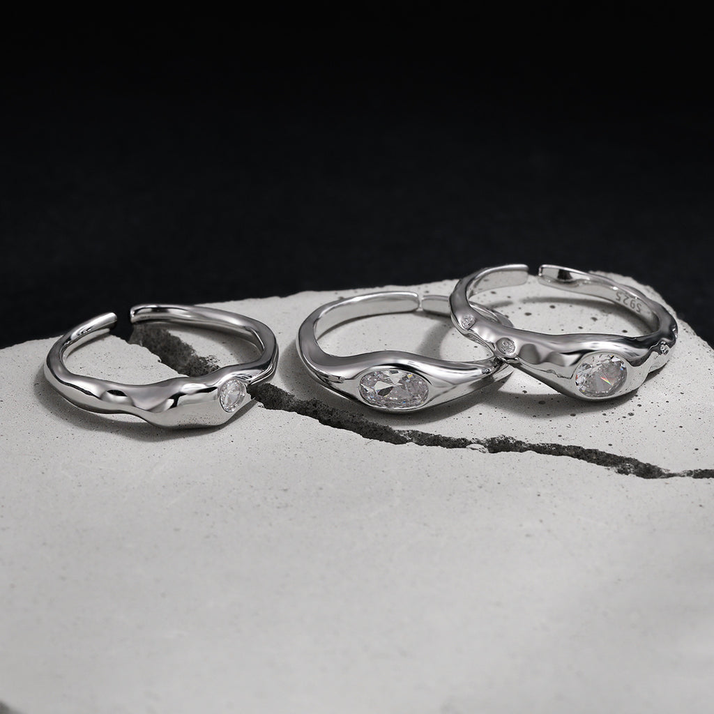 Cubic Zirconia Geometric Oval and Round Setting  925 Sterling Silver Adjustable Open Band Minimalist Wavy Ring