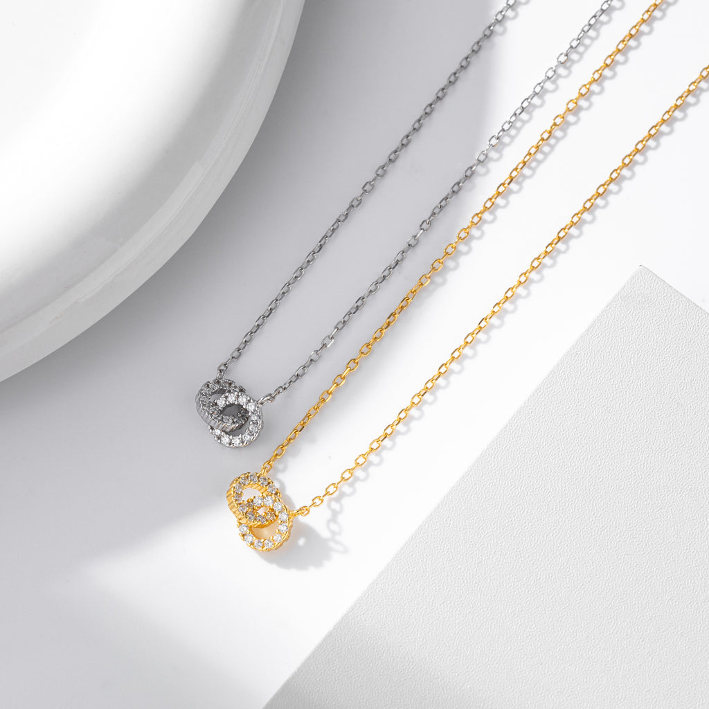 Geometric Double Interlocking Circle 18K Gold and Rhodium Plated  Cubic Zirconia 925 Sterling Silver Pendant Necklace