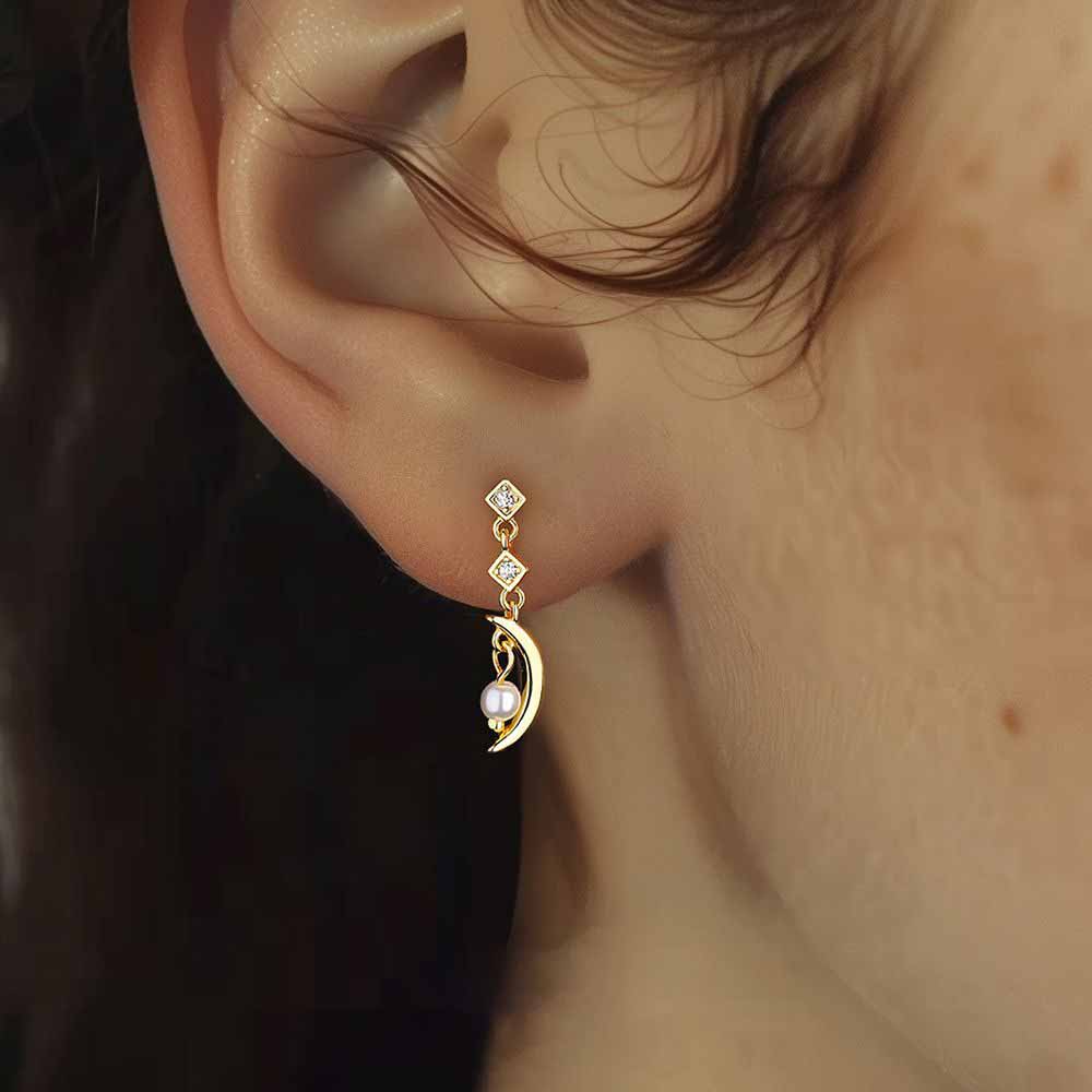 Beautiful Golden CZ Crescent Moon Star 925 Sterling Silver Dangling Earrings