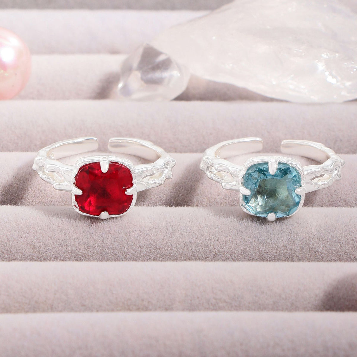 Elegant Red Blue Radiant CZ 925 Sterling Silver Adjustable Ring