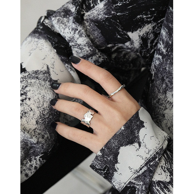 Pure Metal Irregular Textured Geometric Open Adjustable Ring In S925 Sterling Silver With Matte Wavy Wide Band Design For Women Modern Minimalist Fashion Statement Jewelry Gift